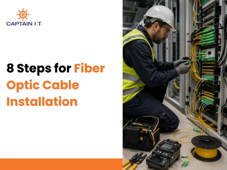 echnician performing fiber optic cable installation and network cabling in a data center