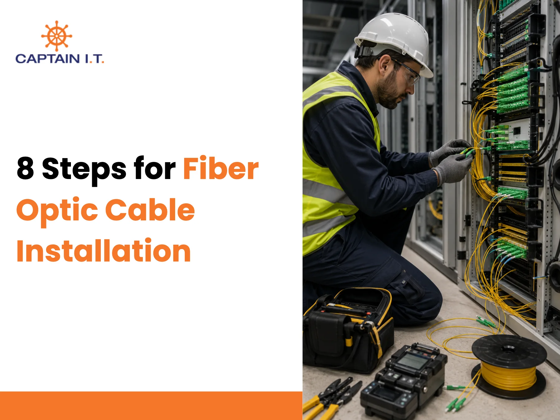 echnician performing fiber optic cable installation and network cabling in a data center